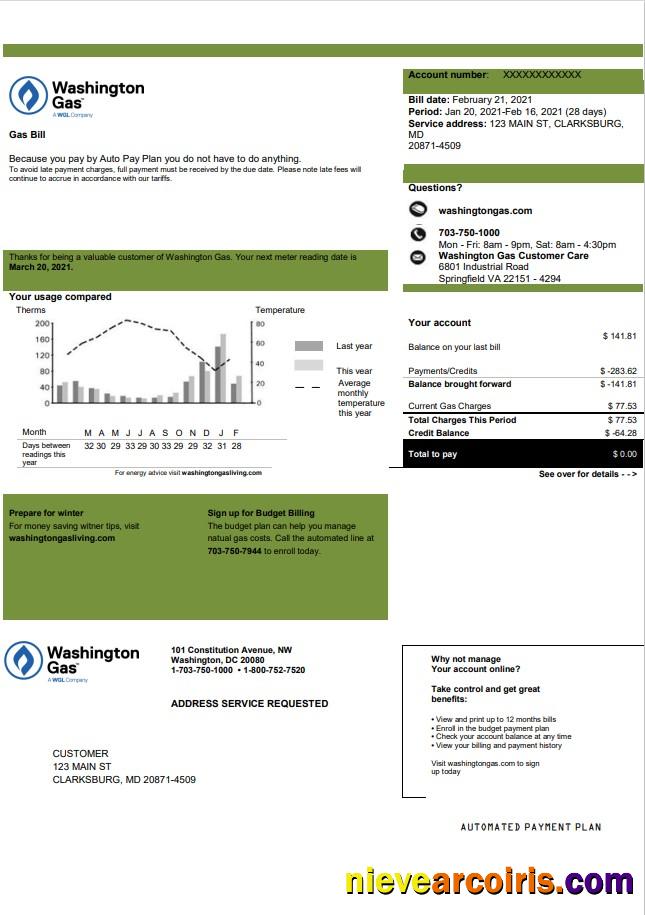 USA Washington Gas WGL utility bill
